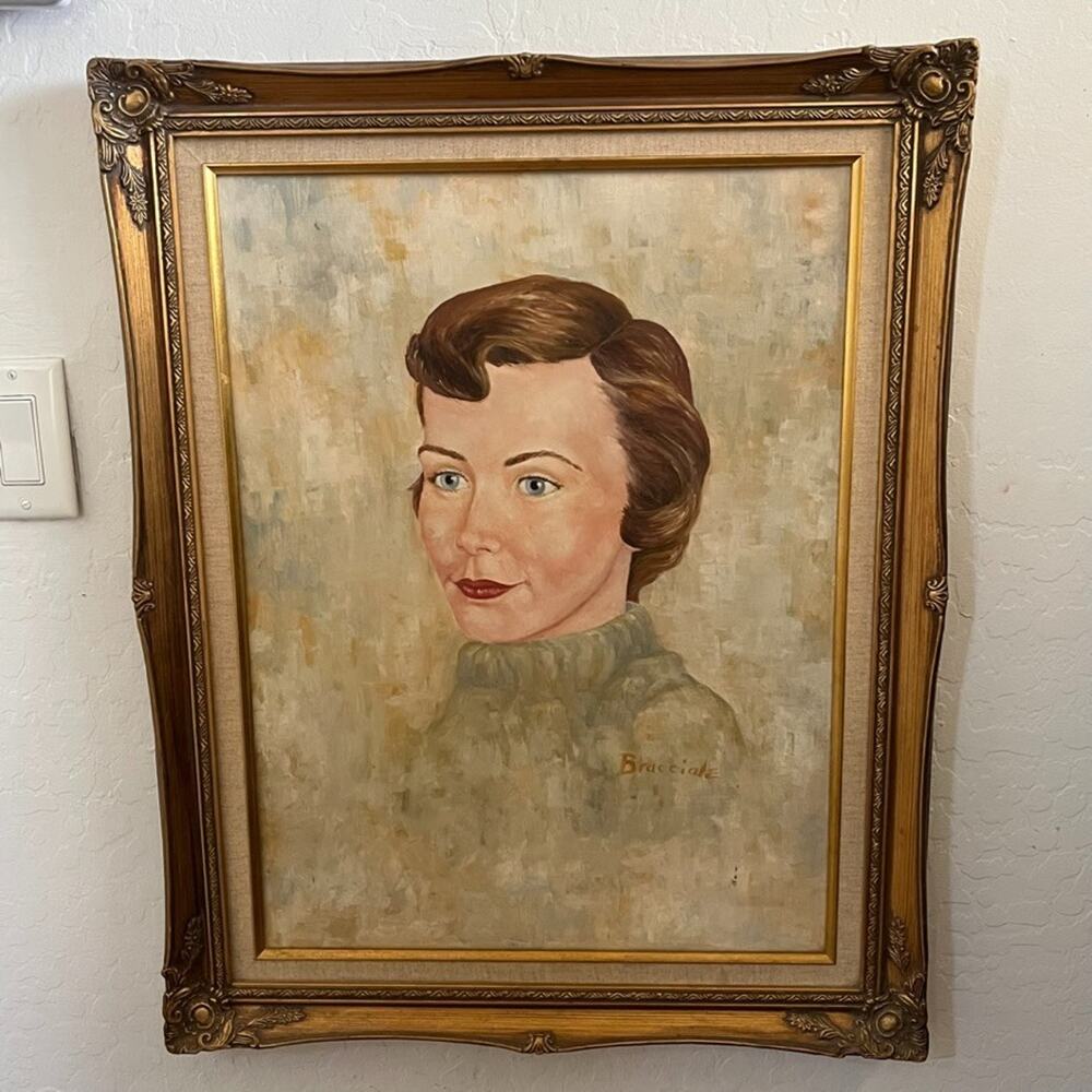 English Mid Century Framed Oil Painting Portrait of a Lady Signed by Bracciale